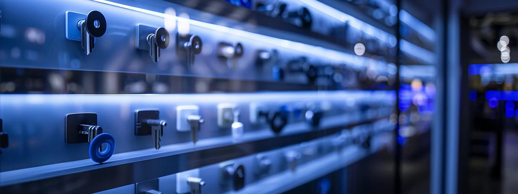 a sleek, modern master key system display showcases advanced locking technologies with illuminated access points, emphasizing security and control in a high-tech environment. a sleek, modern master key system display showcases advanced locking technologies with illuminated access points, emphasizing security and control in a high-tech environment.
