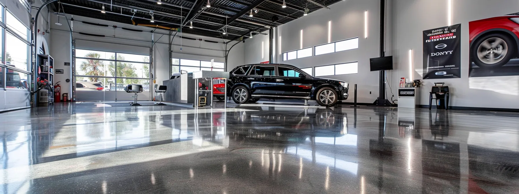 Choosing the Right Two Post Car Lift for Your Garage or Shop a sleek, modern mechanic shop features a polished concrete floor and a robust two-post car lift prominently displaying a luxury vehicle, illuminated by bright overhead shop lights and showcasing posters of trusted car lift brands and reviews on the walls.