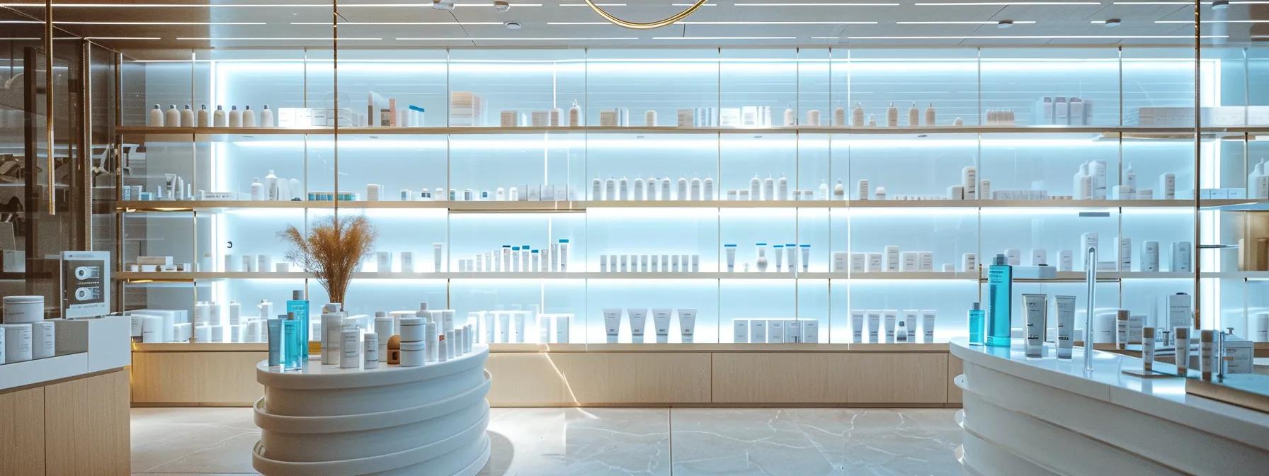 a sleek, modern medical office interior showcases an array of anti-aging products and scientific charts illustrating the transformative effects of ibutamoren, exuding a sense of innovation and wellbeing.