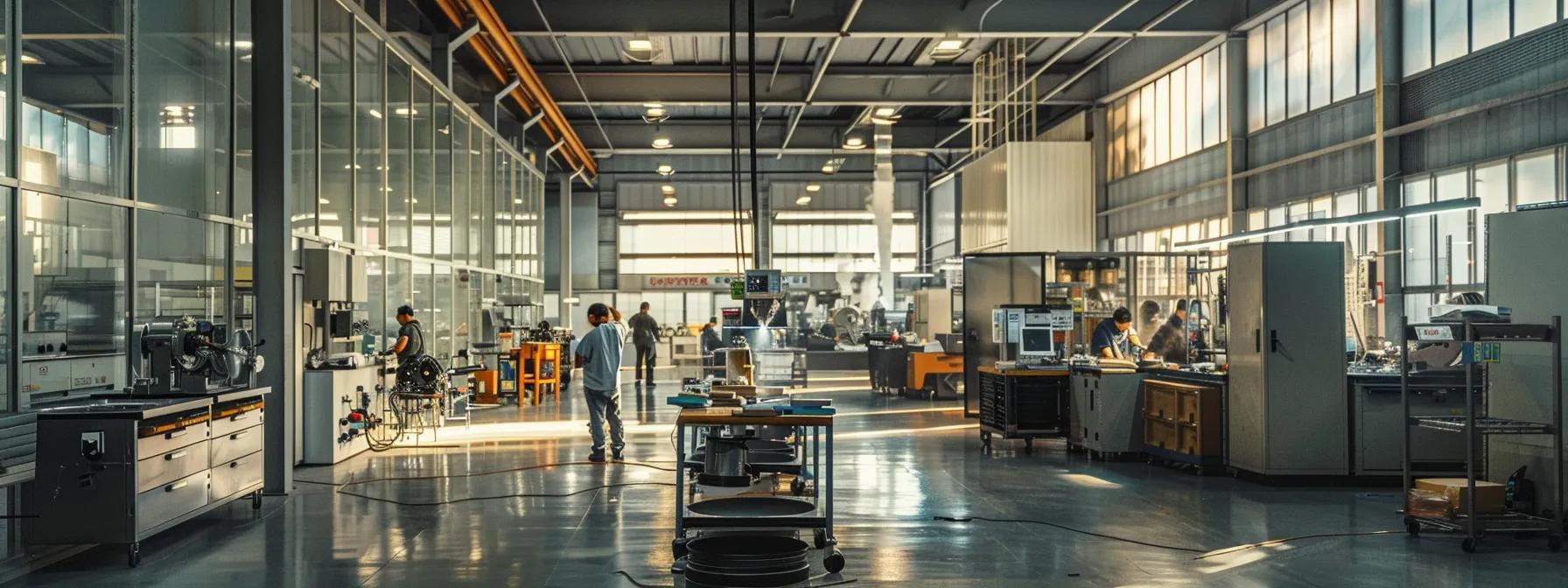 a sleek, modern metal fabrication workshop showcases workers meticulously applying a variety of finishing techniques to gleaming metal parts, highlighting their enhanced usability and durability under professional overhead lighting.