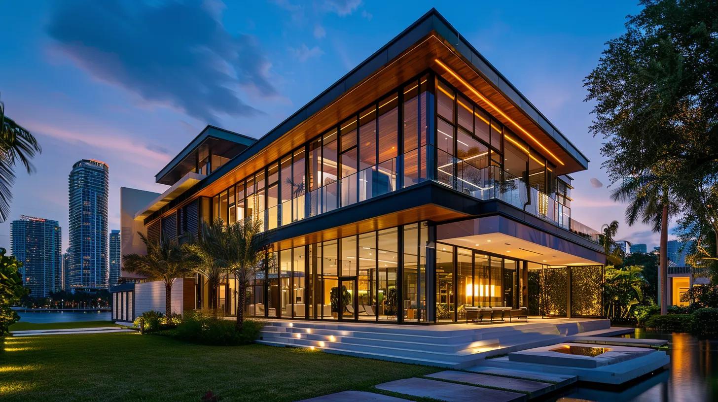 a sleek modern miami home showcases a row of beautifully crafted impact windows, highlighting their energy-efficient design, with a bustling urban skyline in the background reflecting vibrant evening lights.