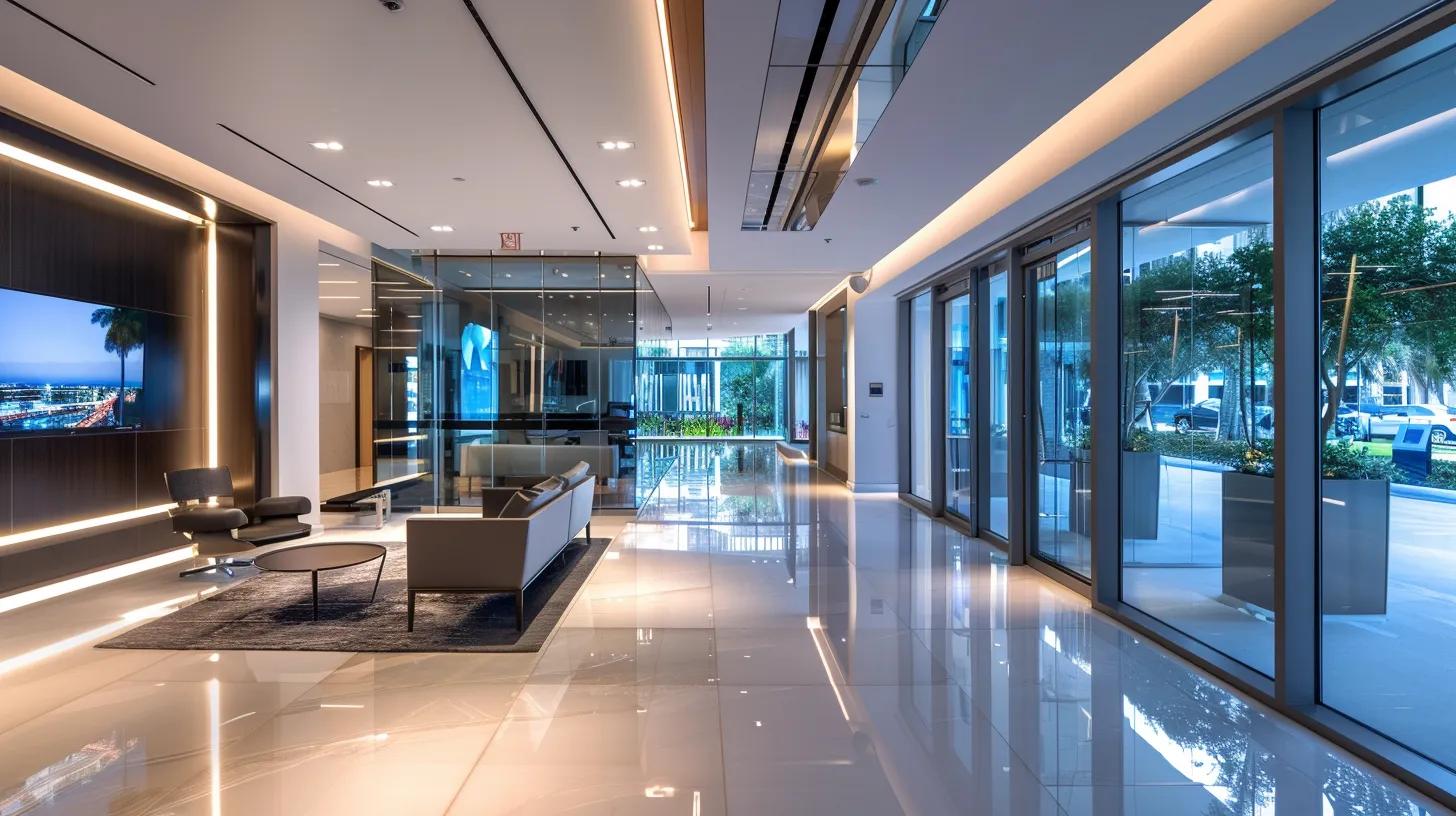 a sleek, modern miami office showcases a transparent display of energy-efficient impact windows, highlighting various glass types and frame materials under bright artificial lighting, symbolizing the financial benefits of home investment.