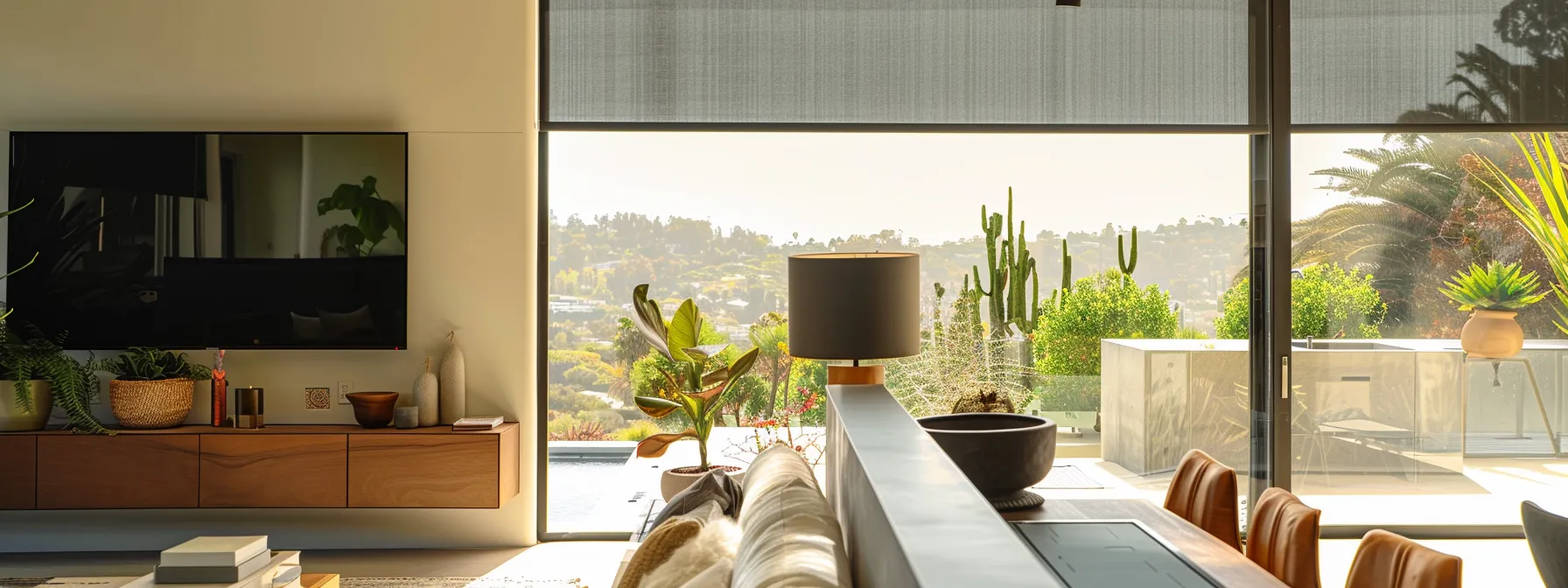 a sleek, modern motorized window shade effortlessly adjusts to the perfect position in a chic san diego home. a sleek, modern motorized window shade effortlessly adjusts to the perfect position in a chic san diego home.