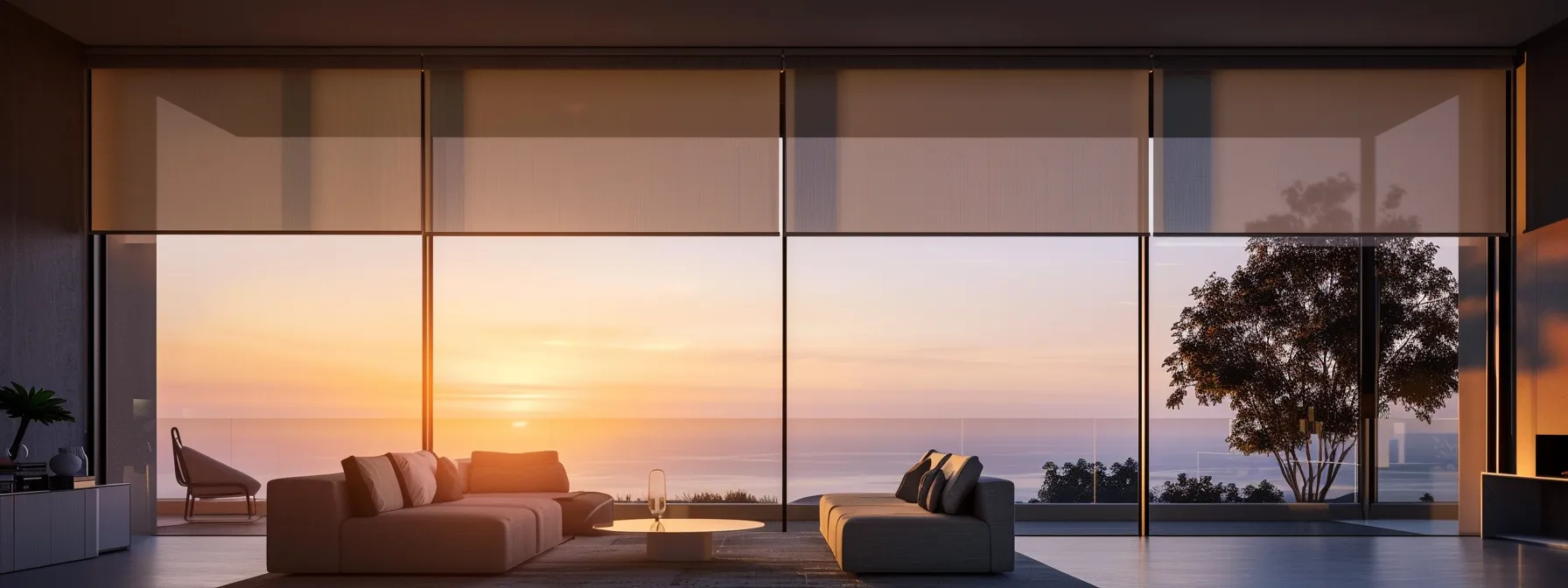 a sleek, modern motorized window shade system in a luxury san diego home, smoothly gliding closed at sunset. a sleek, modern motorized window shade system in a luxury san diego home, smoothly gliding closed at sunset.