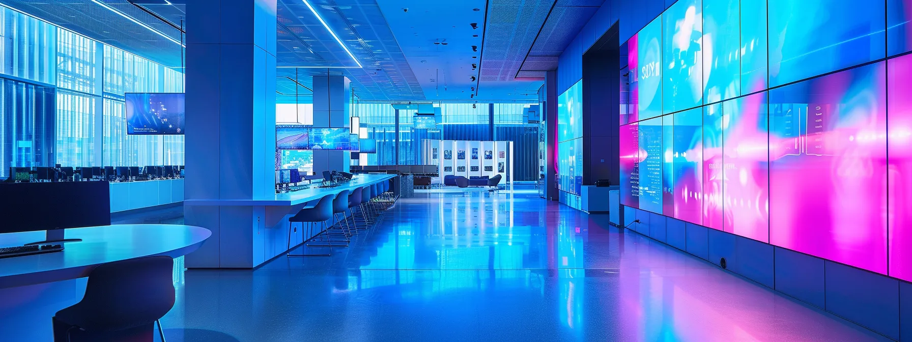 a sleek modern office adorned with large screens displaying dynamic, interactive streaming advertisements, highlighting futuristic personalization technologies and shoppable content, bathed in cool blue lighting to emphasize a tech-driven atmosphere.