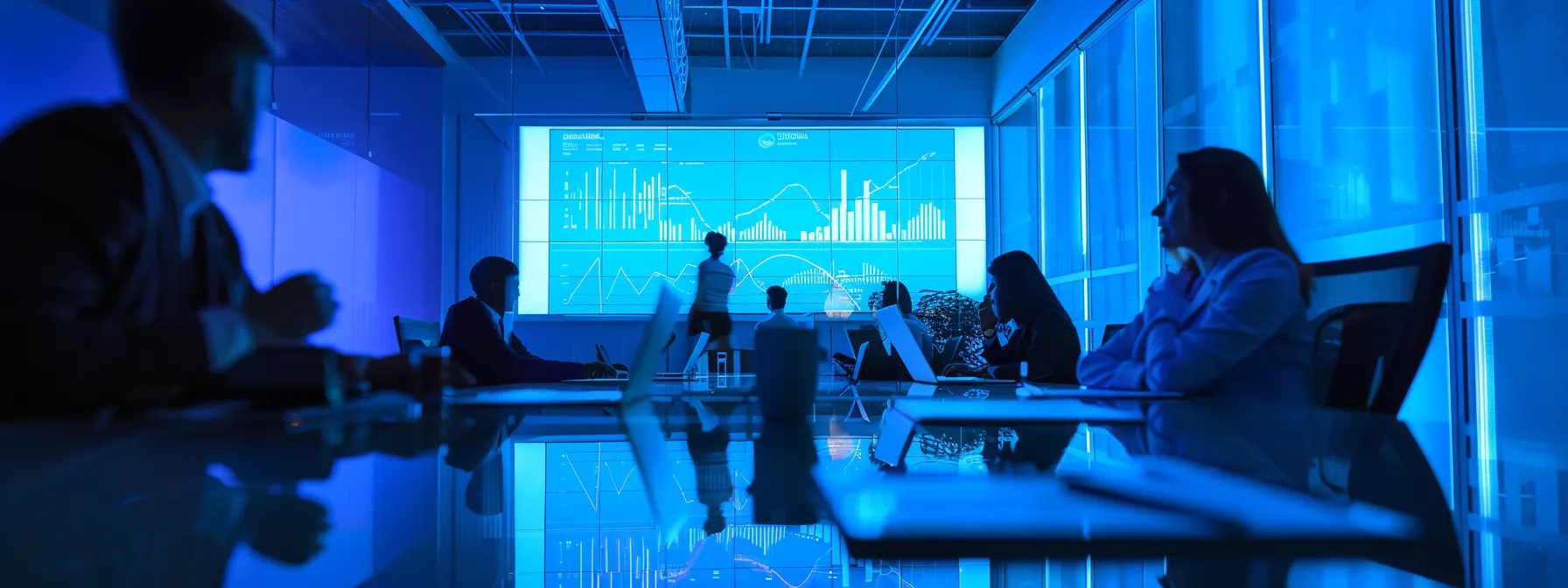 a sleek, modern office bathed in cool blue lighting features a large screen displaying dynamic analytics of streaming ad performance, while a focused team collaborates around a high-tech conference table, embodying the strategy development for winning streaming tv ads in 2025.