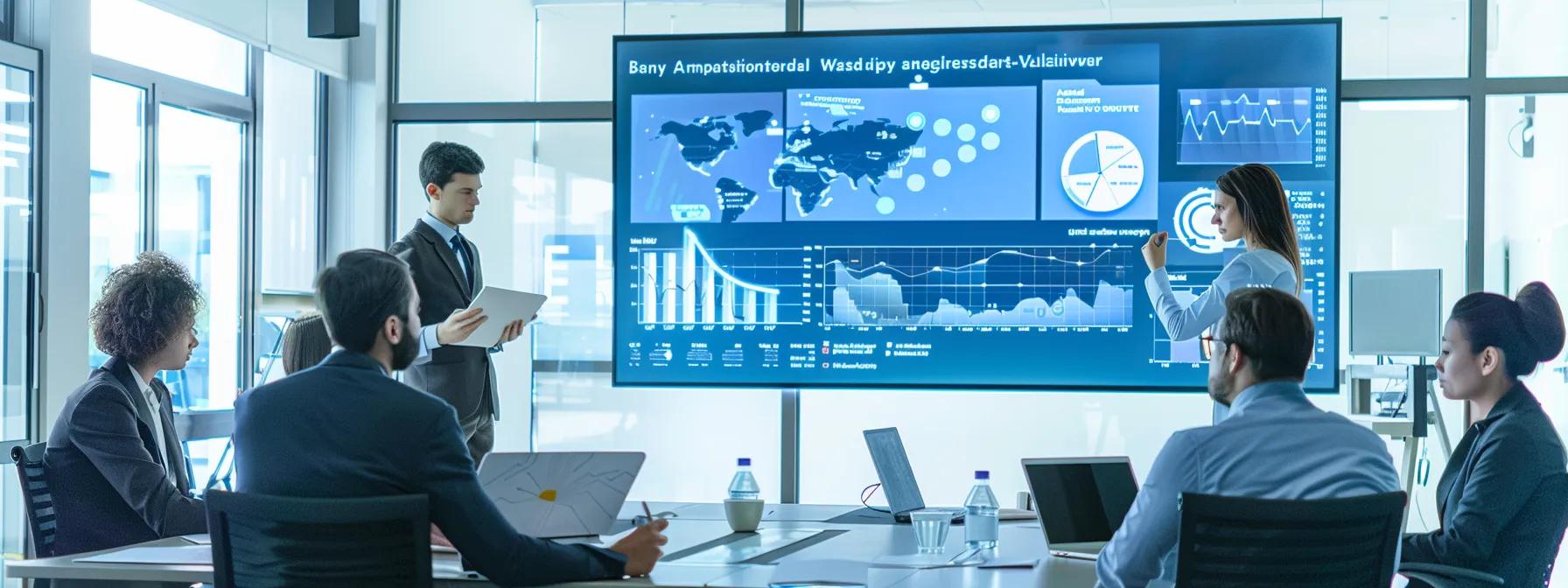 a sleek, modern office conference room features a large screen displaying analytics graphs and charts related to tv pr campaigns, with professionals engaged in a dynamic discussion, emphasizing the strategic evaluation of brand sentiment and roi.