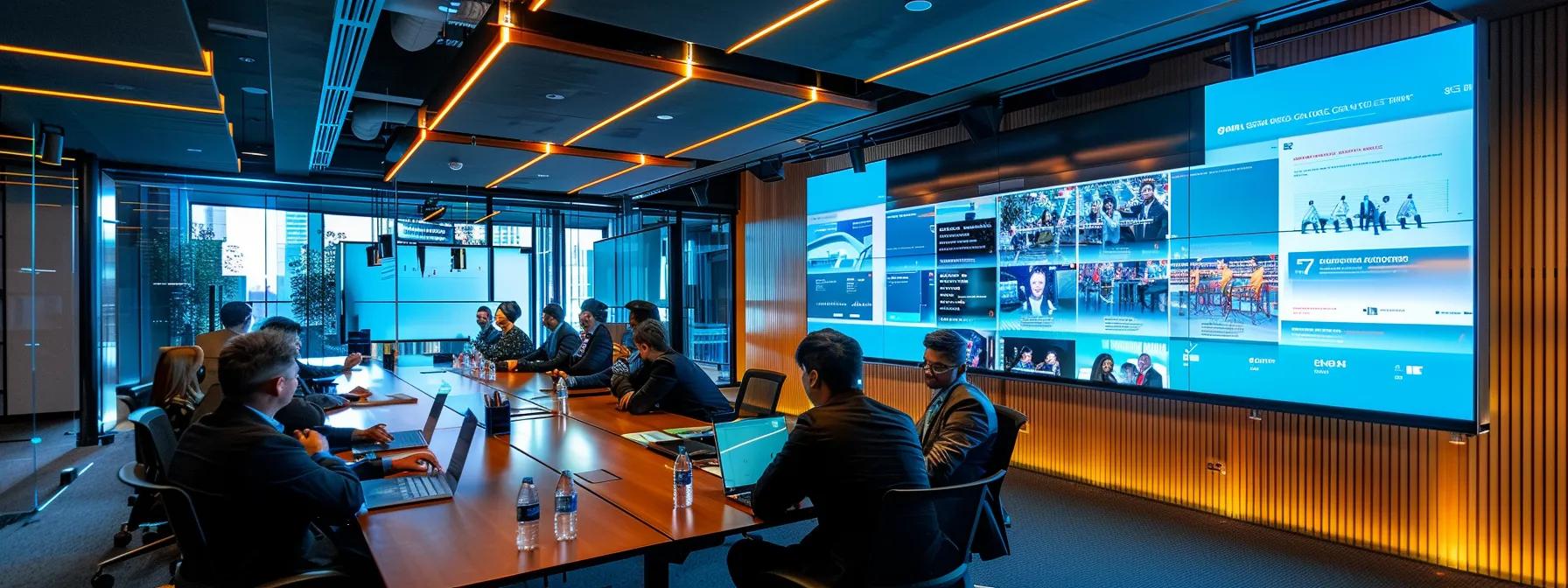 a sleek, modern office conference room filled with engaged professionals reviewing a digital presentation on outdoor team-building costs and booking processes, illuminated by bright overhead lighting and complemented by a large screen displaying vibrant visuals of team activities.