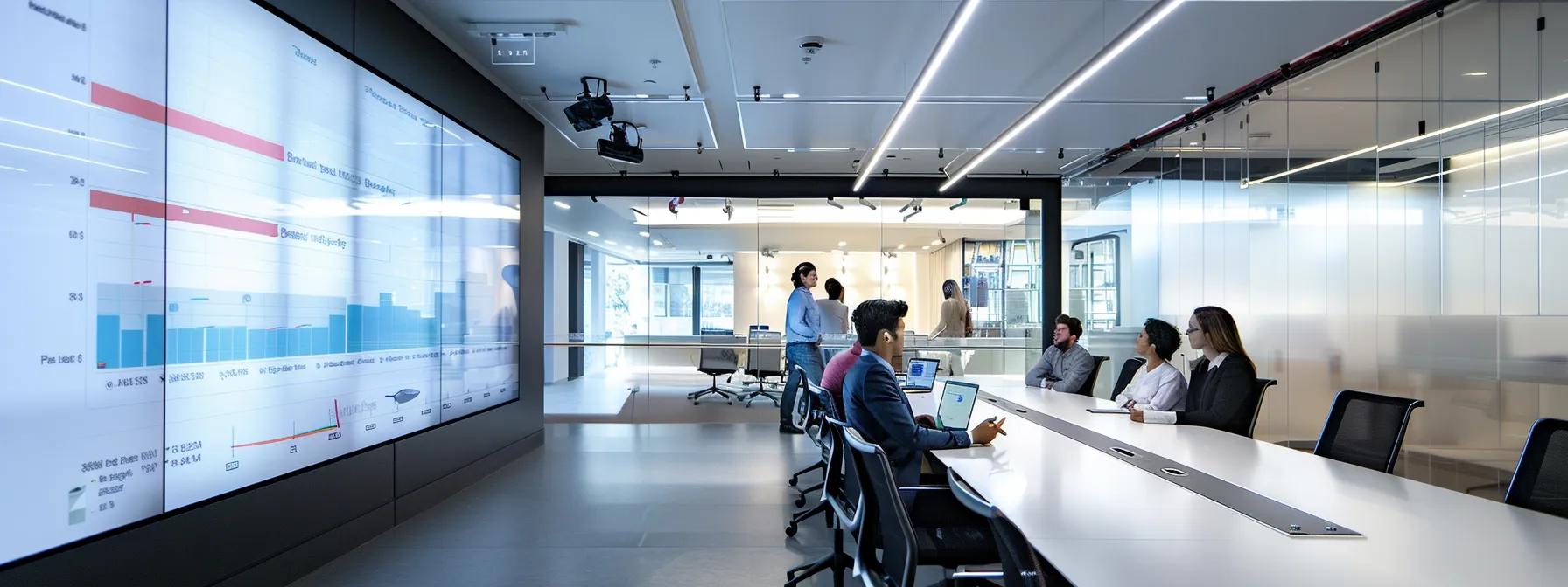 a sleek, modern office conference room features a large digital screen displaying a comparison chart between pest control services and diy methods, surrounded by engaged professionals discussing strategies for effective pest management in a well-lit, contemporary setting.