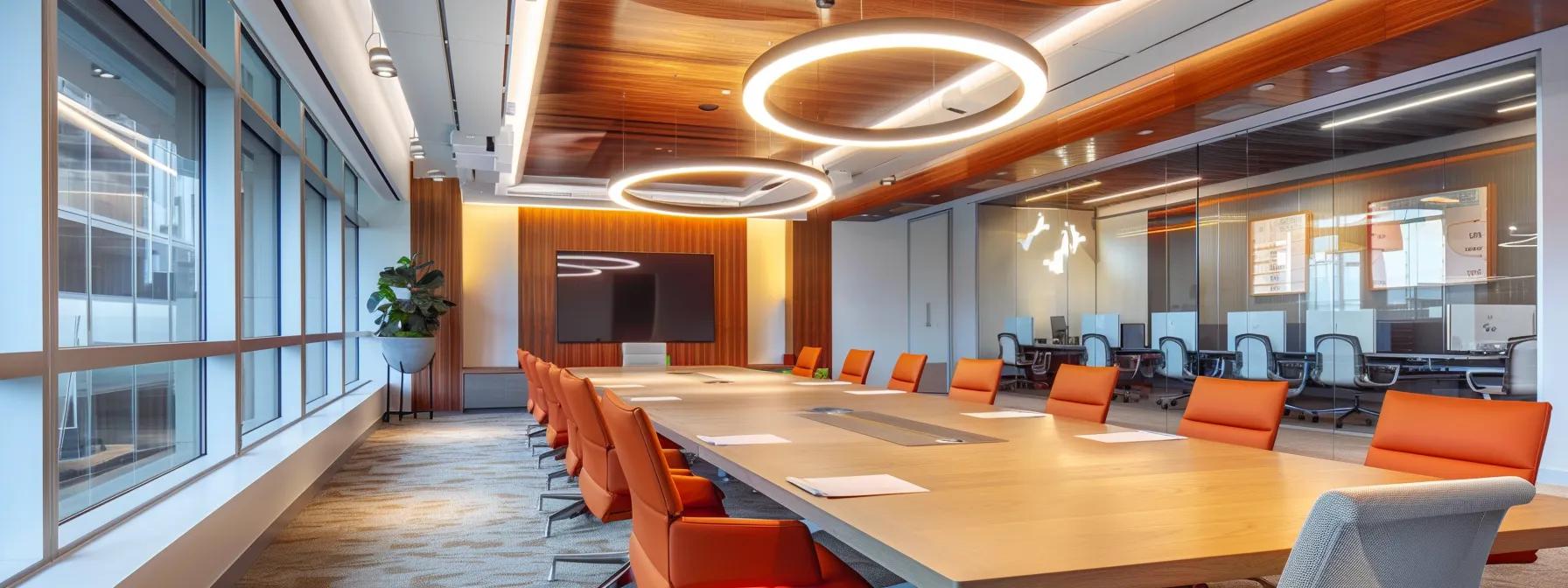 a sleek, modern office conference room with a polished wooden table and thoughtful light fixtures, where a focused group of professionals strategizes around a digital presentation, highlighting effective negotiation tactics for minimizing condo purchase fees.
