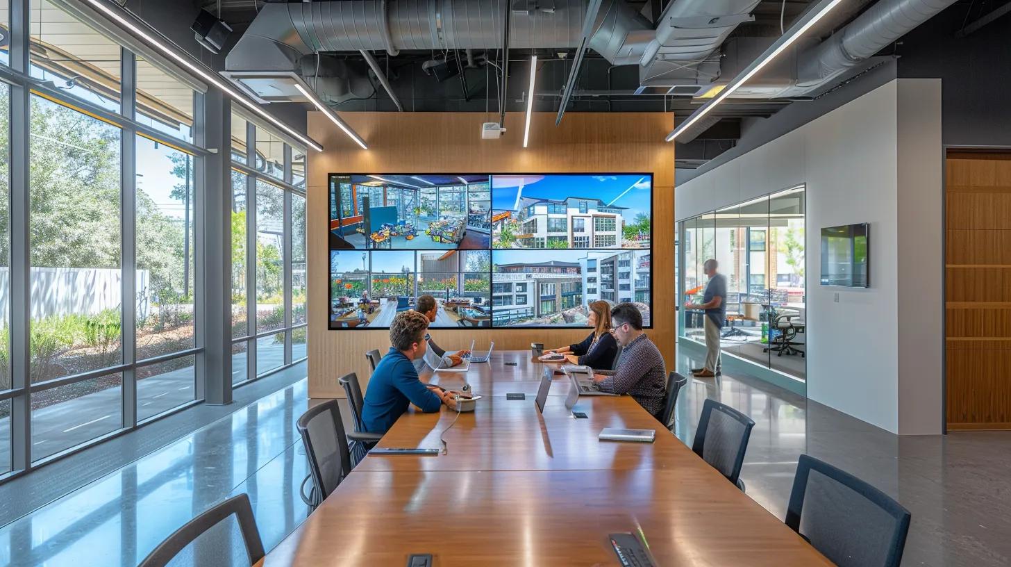a sleek, modern office conference room displays a large screen showcasing vibrant visuals of successful residential and commercial construction projects, with a diverse team engaged in a strategic discussion around a polished wooden table.