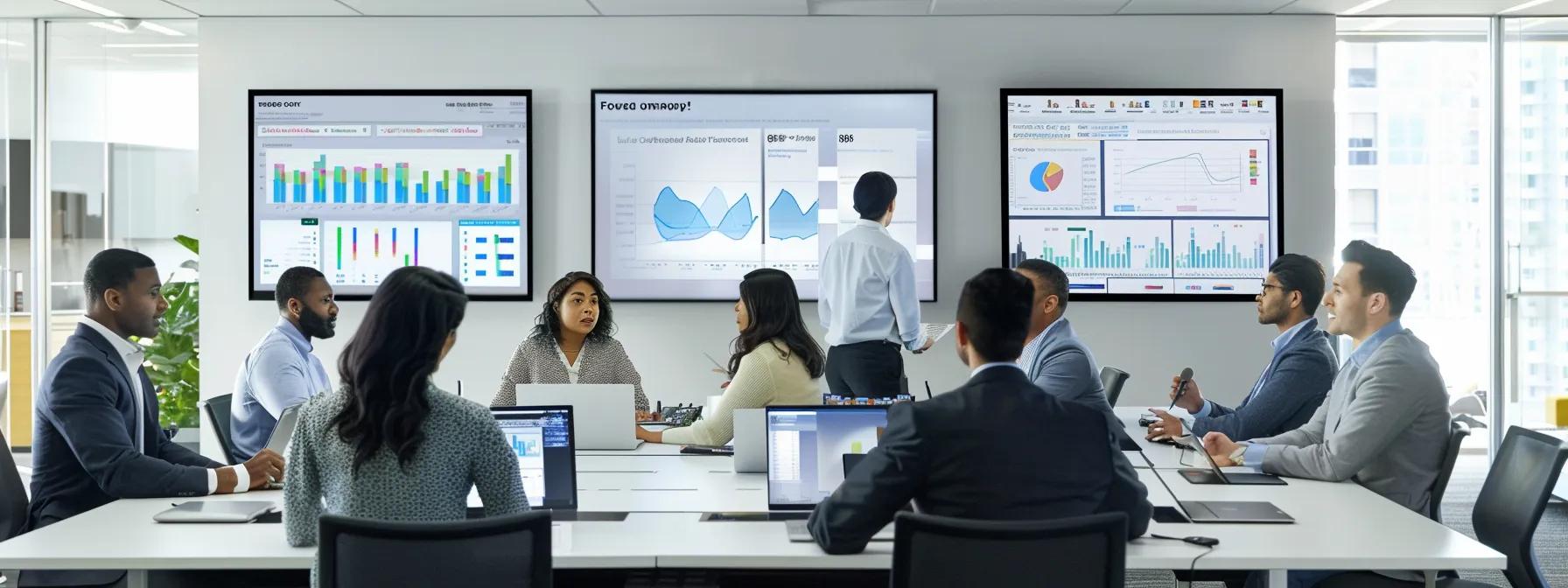 a sleek, modern office conference room features a diverse group of professionals engaged in an intense discussion, surrounded by screens displaying dynamic case studies and vibrant analytics, all emphasizing strategic collaboration in selecting the ideal tv pr firm.
