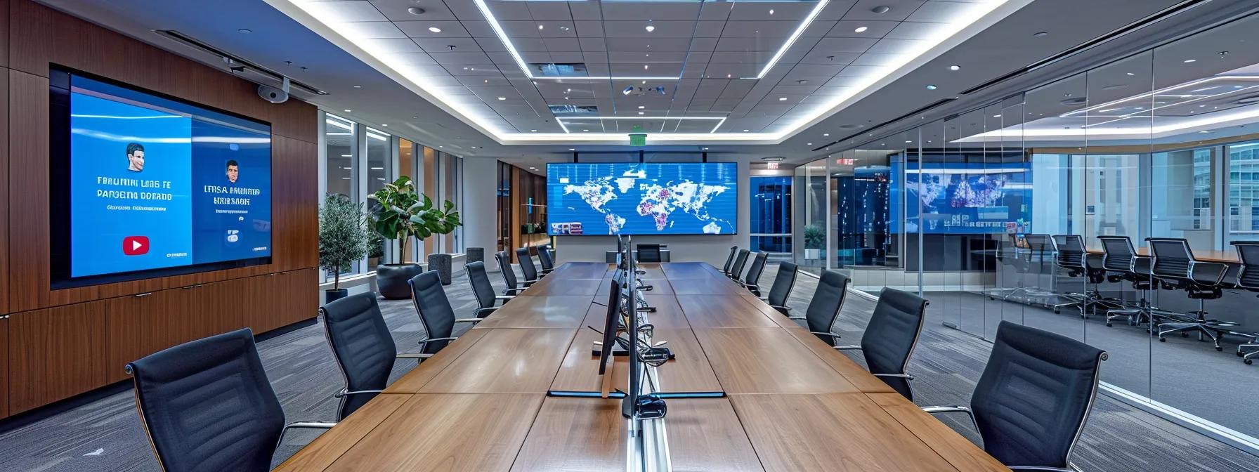 a sleek, modern office conference room displays an engaging presentation on a large screen, highlighting successful pr case studies and tv placements, with sharp graphics and focused lighting illuminating the room's professional atmosphere.