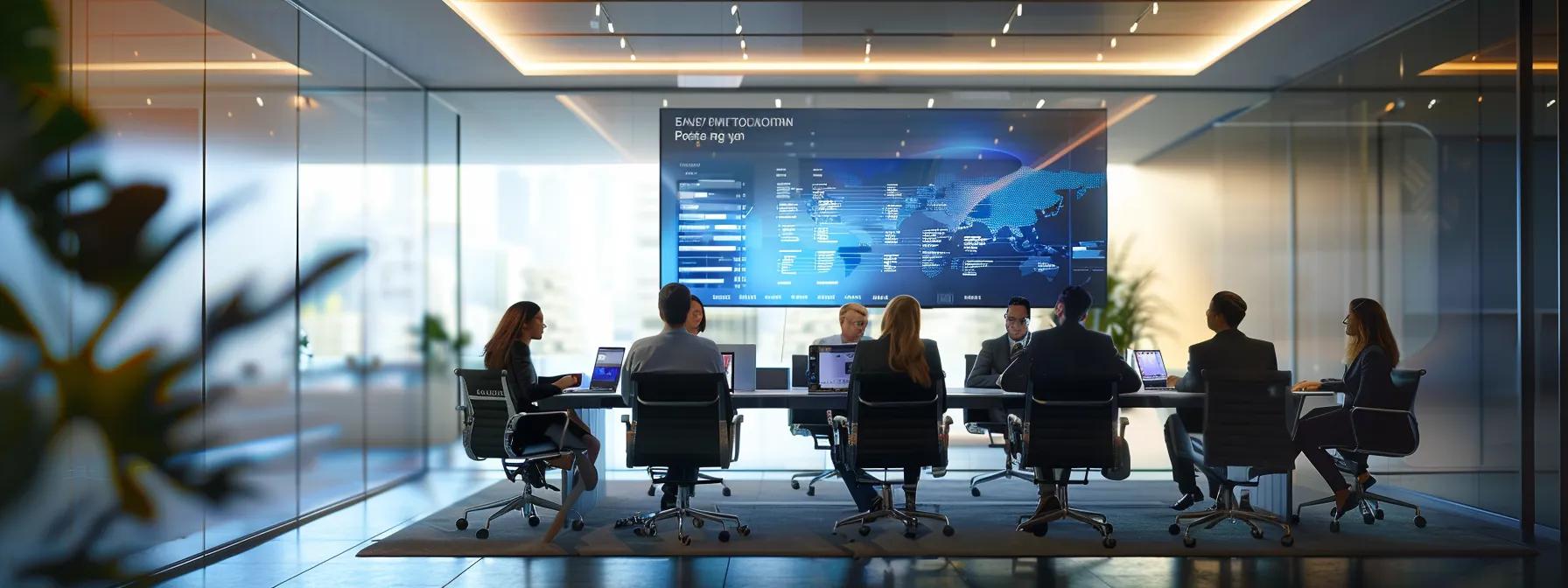 a sleek, modern office conference room is filled with diverse professionals engaged in an animated discussion over a large screen displaying a strategic campaign plan, embodying the essence of effective collaboration with a pr agency for tv success.