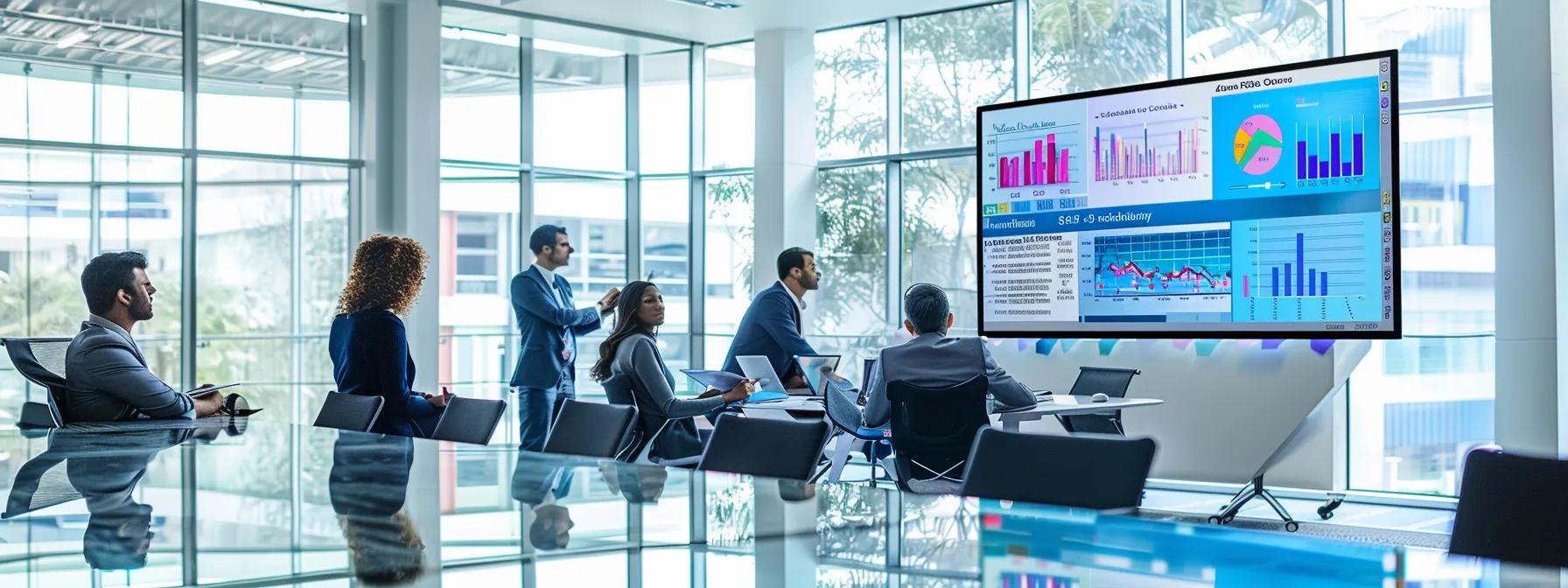 a sleek, modern office conference room features a large digital display showcasing a vibrant comparison chart of various manufacturing processes, with focused professionals engaged in a detailed discussion around a polished glass table.