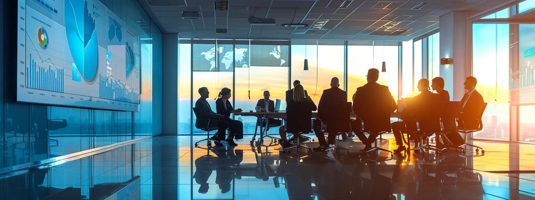 a sleek, modern office conference room filled with engaged professionals discussing a digital presentation illustrating condominium eligibility guidelines, with charts highlighting owner occupancy and financial metrics prominently displayed on a large screen.