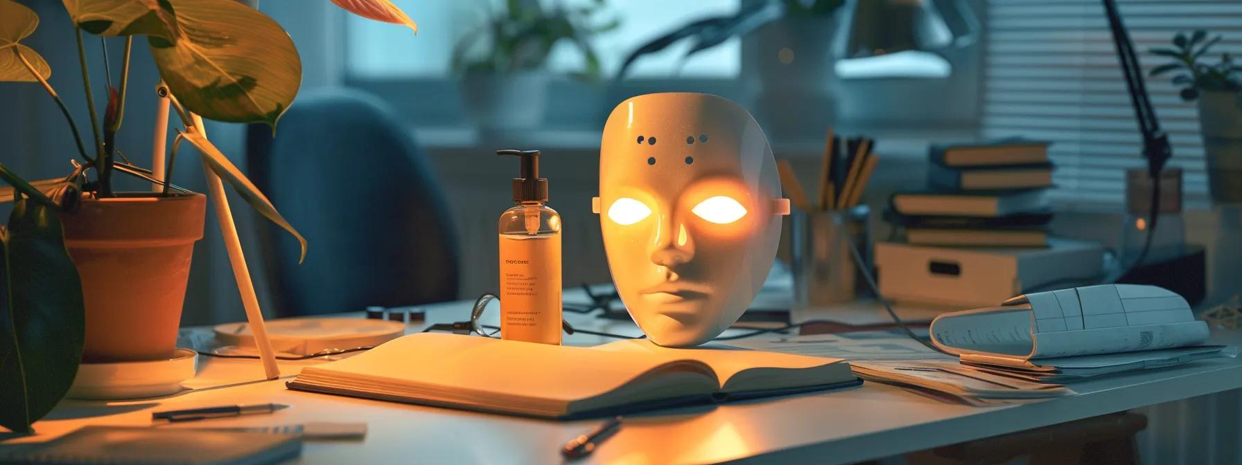 a sleek, modern office desk features a glowing led facial mask beside an elegant bottle of traditional skincare products, illuminated by soft, focused lighting that emphasizes a careful financial analysis notebook open to detailed cost comparisons.
