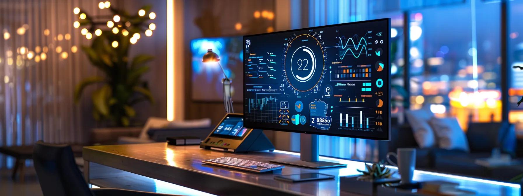 a sleek, modern office desk features a high-tech digital display showcasing a detailed infographic on ostarine mk-2866 dosing protocols, illuminated by focused led lighting to emphasize the vibrant colors and clear layout.