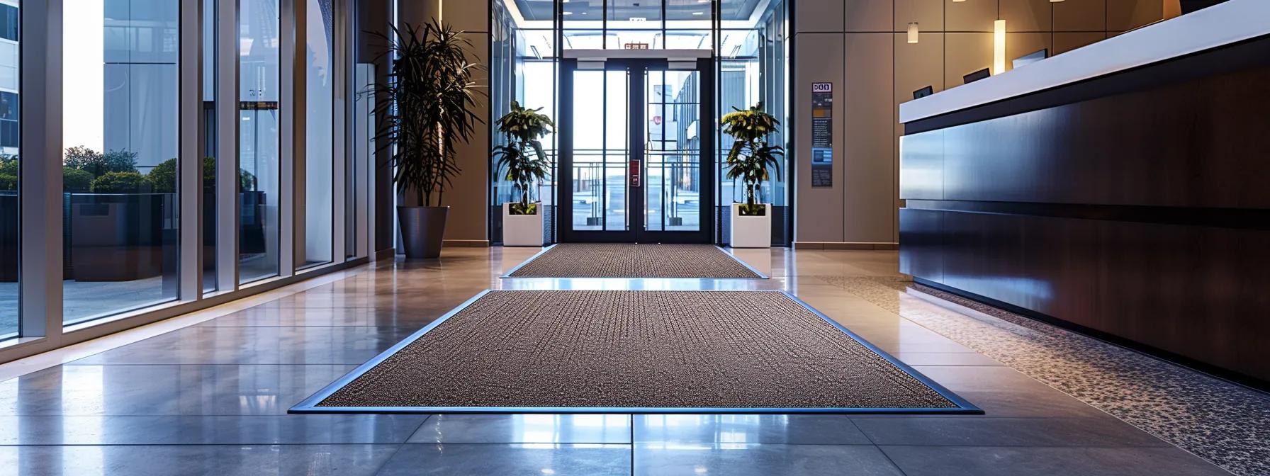 a sleek, modern office entrance features a prominently displayed waterhog slip-resistant mat, showcasing its textured surface and anti-skid backing, while a polished floor glistens under bright overhead lighting, exemplifying safety and functionality in a busy commercial environment.