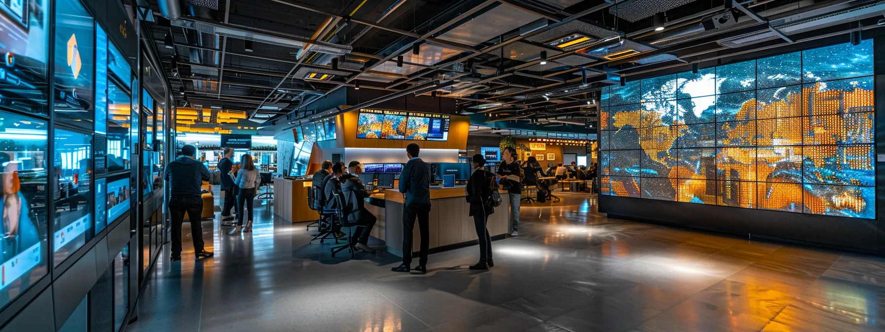 a sleek, modern office environment features a diverse team engaging in a focused discussion around a large digital screen displaying interconnected marketing goals and business strategy metrics, illuminated by bright, focused overhead lights that emphasize their collaborative energy.