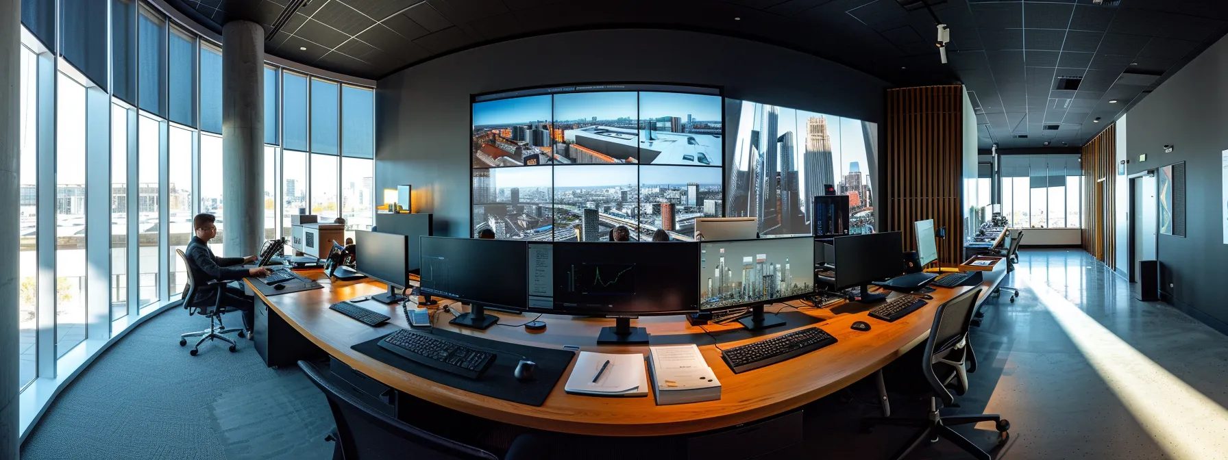 a sleek, modern office environment showcases a designer immersed in a dynamic digital workspace, surrounded by advanced technology screens displaying complex architectural visualizations and computational design models. a sleek, modern office environment showcases a designer immersed in a dynamic digital workspace, surrounded by advanced technology screens displaying complex architectural visualizations and computational design models.