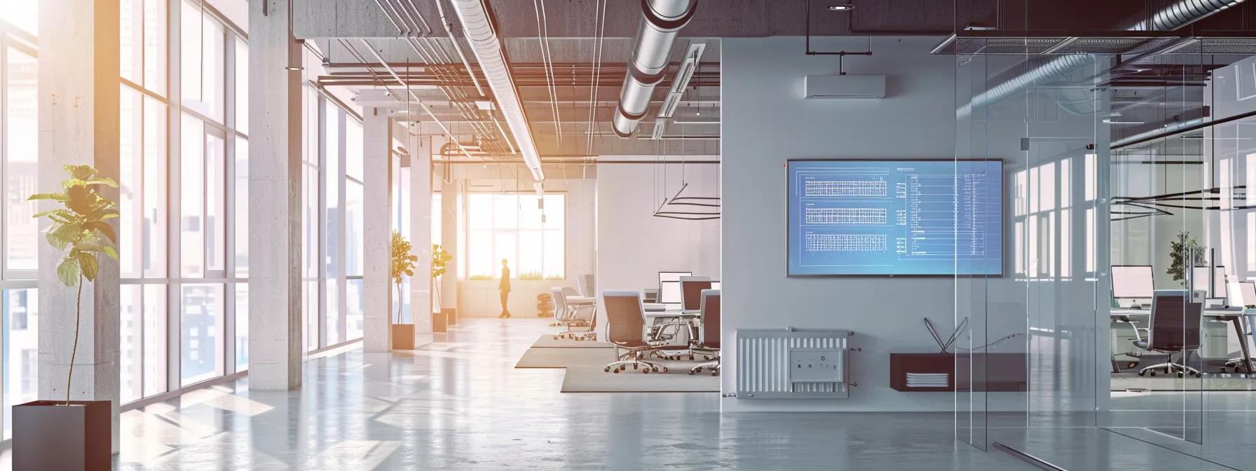a sleek, modern office environment featuring a detailed hvac system diagram displayed prominently on a digital screen, illustrating the complexities and costs associated with replacing hvac units in massachusetts.