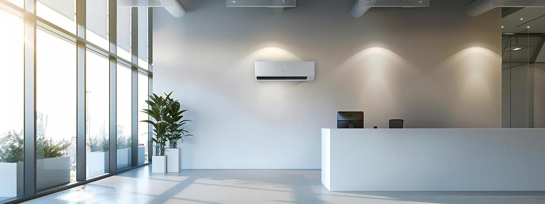 a sleek, modern office environment features a mini split heat pump installed on a pristine white wall, showcasing its energy-efficient design and contemporary aesthetic under bright artificial lighting.