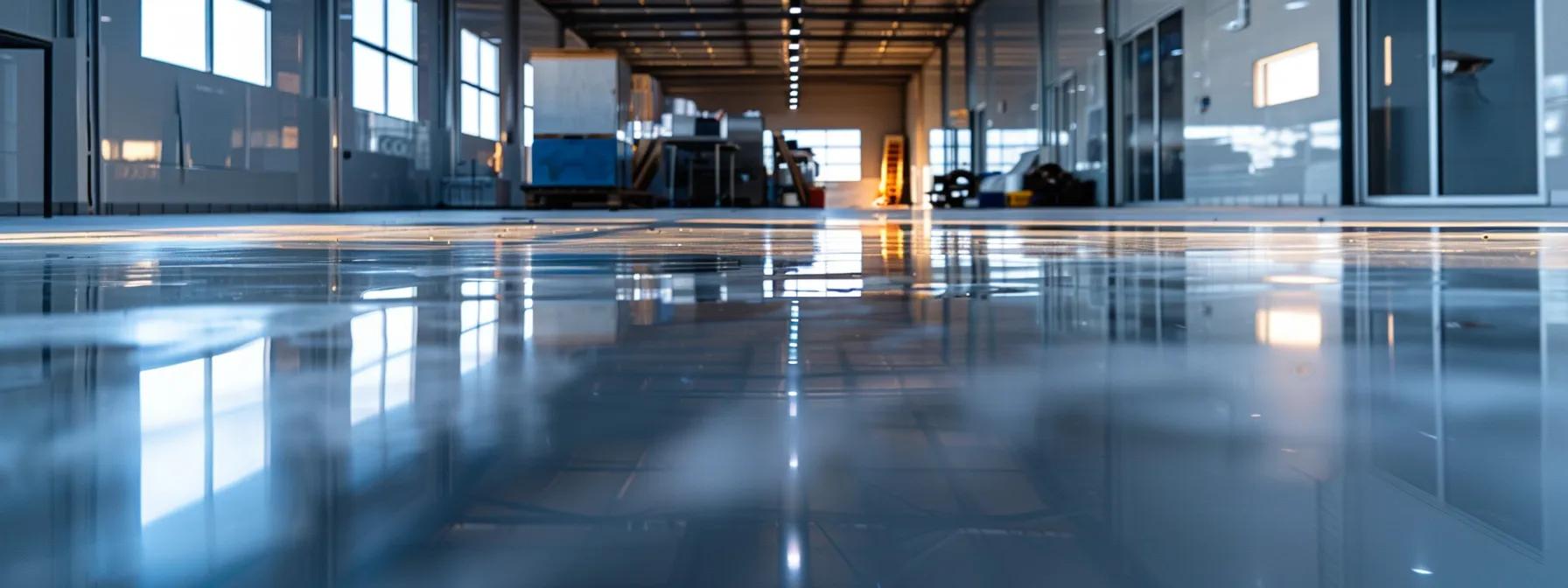 a sleek, modern office environment showcases an industrial flooring installation in progress, featuring large epoxy-coated surfaces, vibrant colors, and skilled professionals meticulously preparing the area under focused spotlights, emphasizing the intricate details and quality of the materials used.