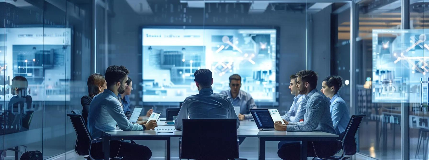 a sleek modern office environment features a diverse team engaged in a dynamic discussion around a large conference table, with architectural blueprints and digital displays illustrating the innovative concept of narrative architecture integrated into their organizational project framework.