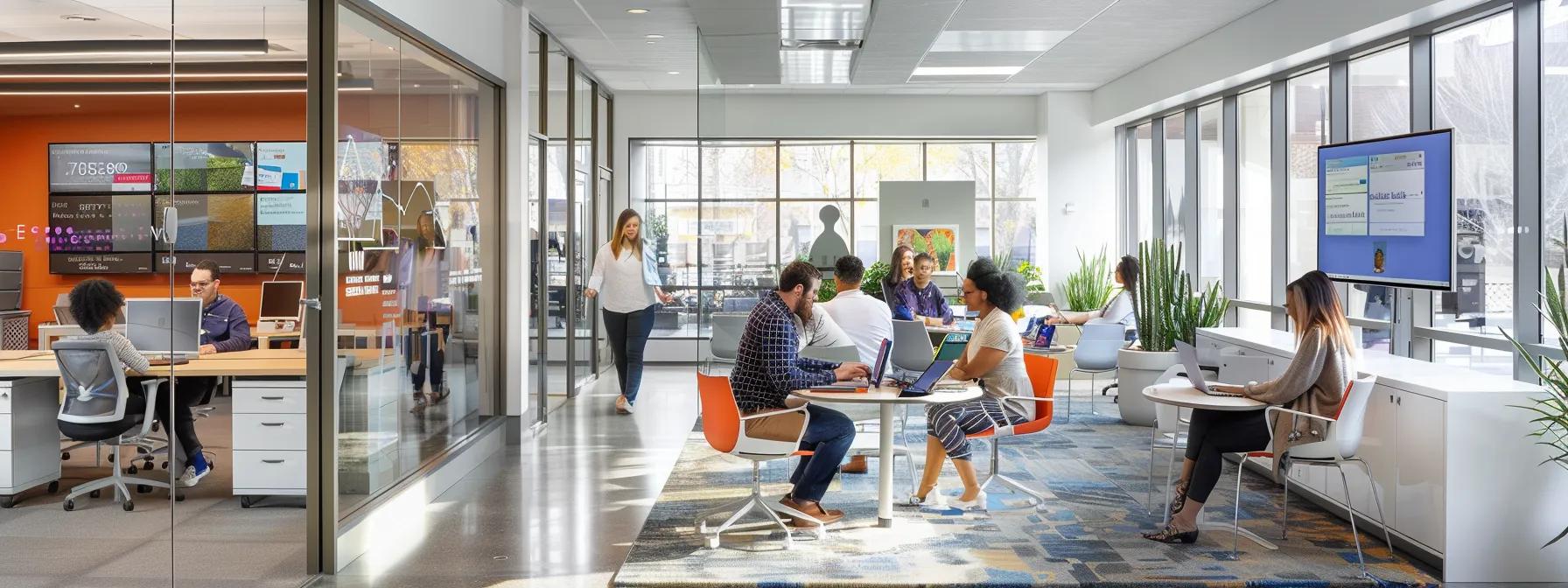 a sleek, modern office environment showcases a childcare provider team engaged with advanced digital enrollment systems, surrounded by visual displays of data analytics and seamless communication tools, highlighting their streamlined processes and increased efficiency.