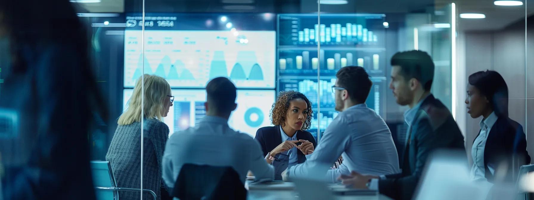 a sleek, modern office environment showcases a diverse group of professionals engaged in a dynamic discussion over a digital display of condo fee calculations, emphasizing analytical charts and market data trends.