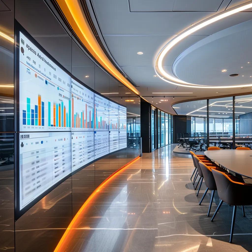 a sleek, modern office environment features a sophisticated digital dashboard displaying dynamic graphs and timelines, illustrating the projected results of an ostarine journey, bathed in focused, cool artificial lighting that emphasizes the high-tech atmosphere.