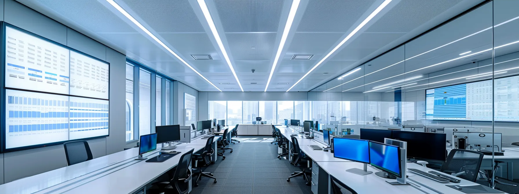 a sleek, modern office environment features digital screens displaying streamlined work order management and resource planning dashboards, illuminated by efficient overhead lighting, emphasizing the importance of automation in enhancing operational efficiency.