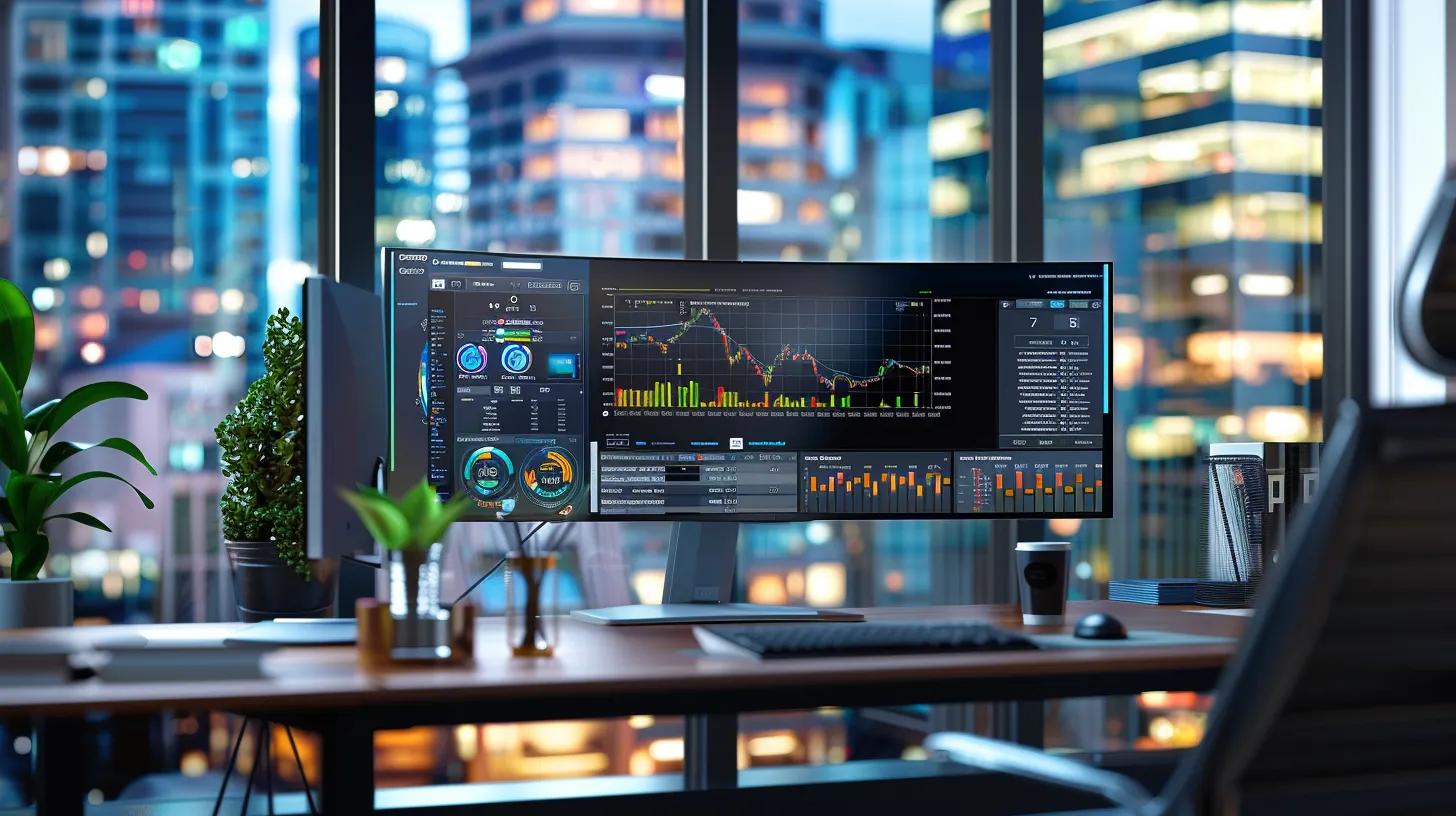 a sleek, modern office environment showcases a large computer screen displaying a vibrant dashboard of a managed hosting solution, surrounded by organized workstations and innovative technology, emphasizing efficiency and reliability for small businesses.