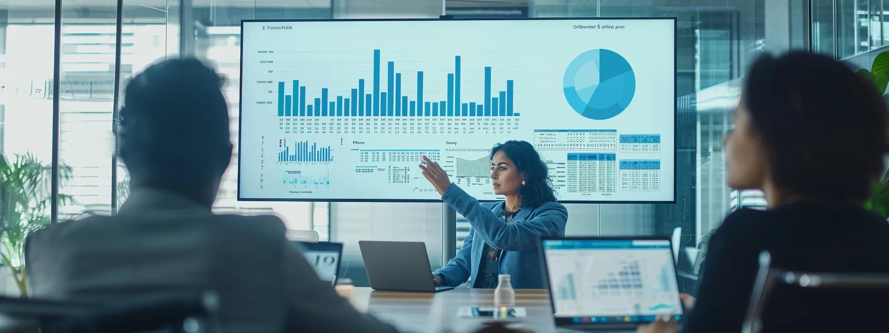 a sleek, modern office environment features a confident financial analyst presenting a detailed graph on a large screen, highlighting the implications of credit scores on fannie mae's llpa for condos, surrounded by engaged colleagues examining digital data on tablets.