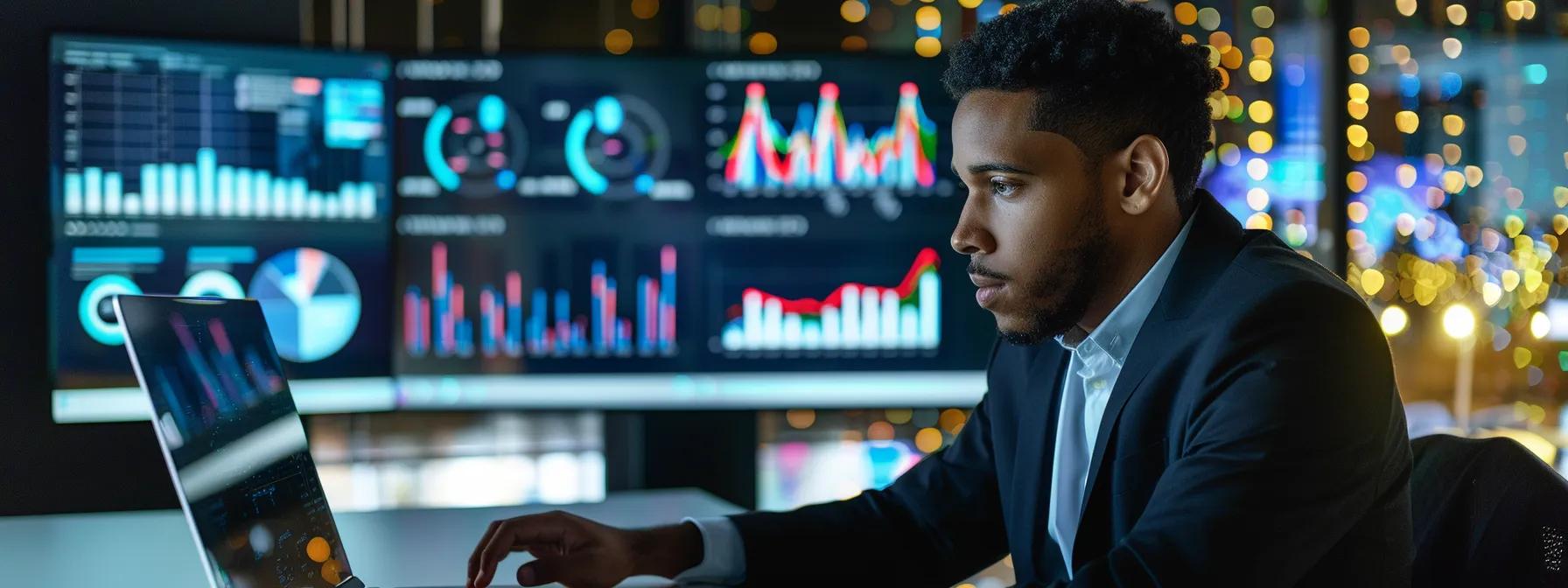 a sleek, modern office environment features a focused professional analyzing data charts on a laptop, with a large digital display behind them showcasing a complex infographic about fannie mae's llpa and its impact on condo loans.