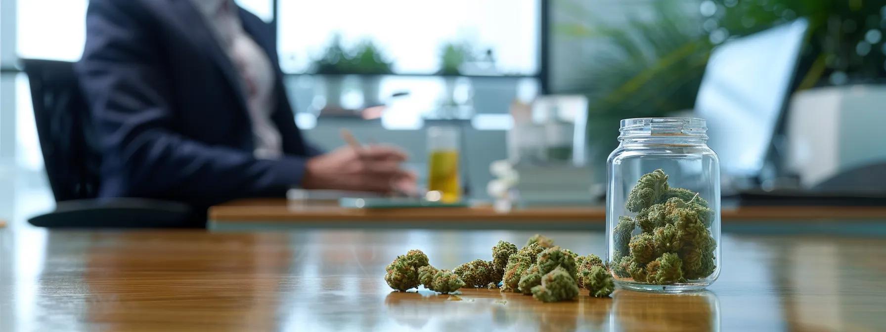 a sleek, modern office environment showcases a confident professional discussing responsible cannabis use, with a vibrant assortment of legal cannabis products artfully displayed on a polished conference table. a sleek, modern office environment showcases a confident professional discussing responsible cannabis use, with a vibrant assortment of legal cannabis products artfully displayed on a polished conference table.