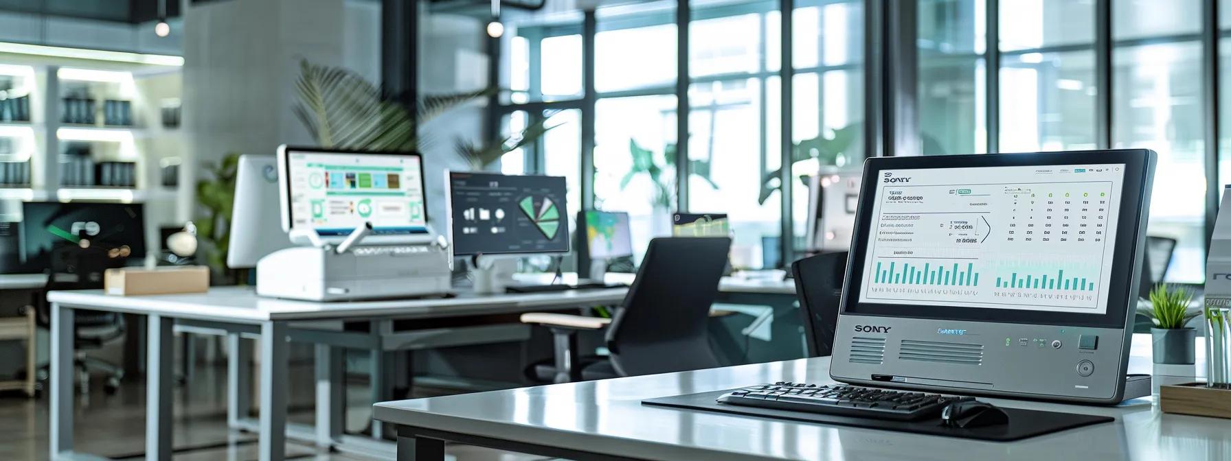 a sleek, modern office environment showcases a digital display comparing the costs of traditional and online cheque printing, with vibrant infographics and charts highlighting the financial advantages of streamlined operations and subscription models.