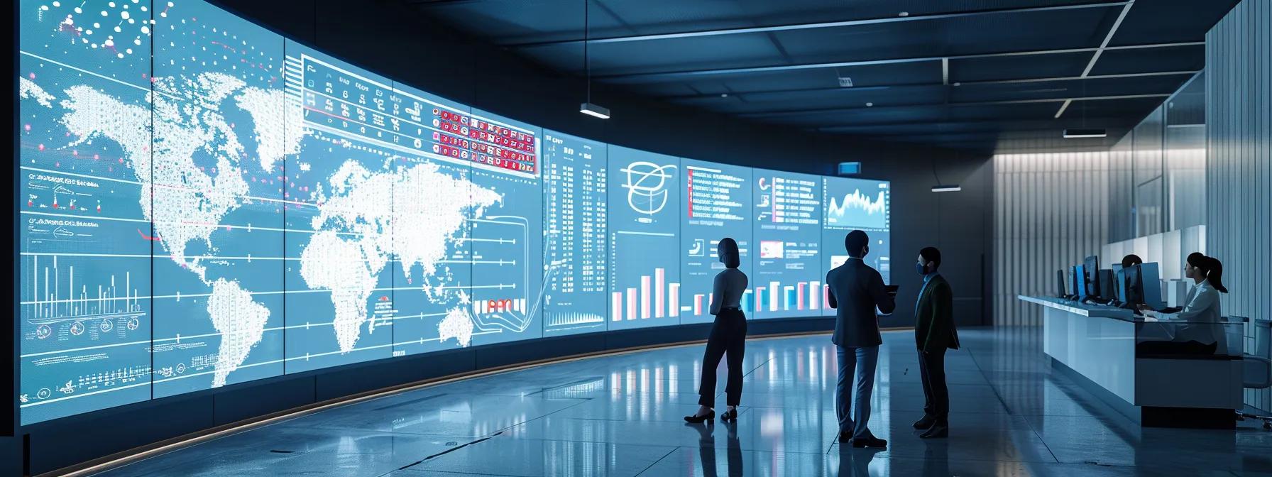 a sleek, modern office environment features a large digital display showcasing advanced solar ai technology analytics, with professionals engaged in a strategic discussion about overcoming data security challenges and harnessing emerging energy management opportunities.