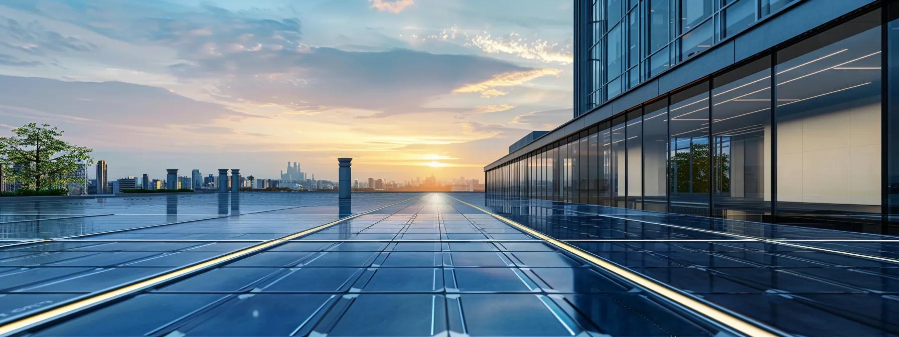 a sleek, modern office environment showcases a high-tech solar panel installation on the rooftop, glistening under bright artificial lights, symbolizing innovative renewable energy solutions in action. a sleek, modern office environment showcases a high-tech solar panel installation on the rooftop, glistening under bright artificial lights, symbolizing innovative renewable energy solutions in action.