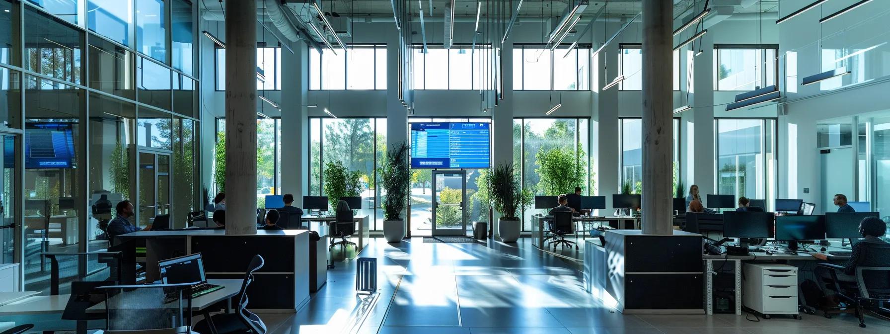 a sleek, modern office environment buzzes with activity as cybersecurity professionals analyze real-time data on multiple high-tech screens, embodying the proactive and strategic approach businesses in fort worth take towards managed it services.