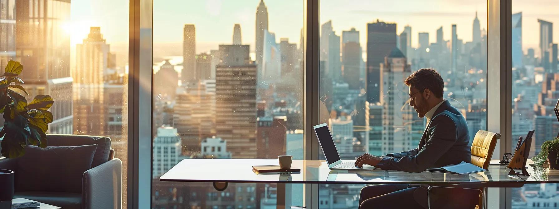 a sleek, modern office environment features a confident real estate agent analyzing a digital market report on a high-end laptop, with a large window showcasing a bustling urban skyline, symbolizing strategic price-setting for new jersey homes. a sleek, modern office environment features a confident real estate agent analyzing a digital market report on a high-end laptop, with a large window showcasing a bustling urban skyline, symbolizing strategic price-setting for new jersey homes.
