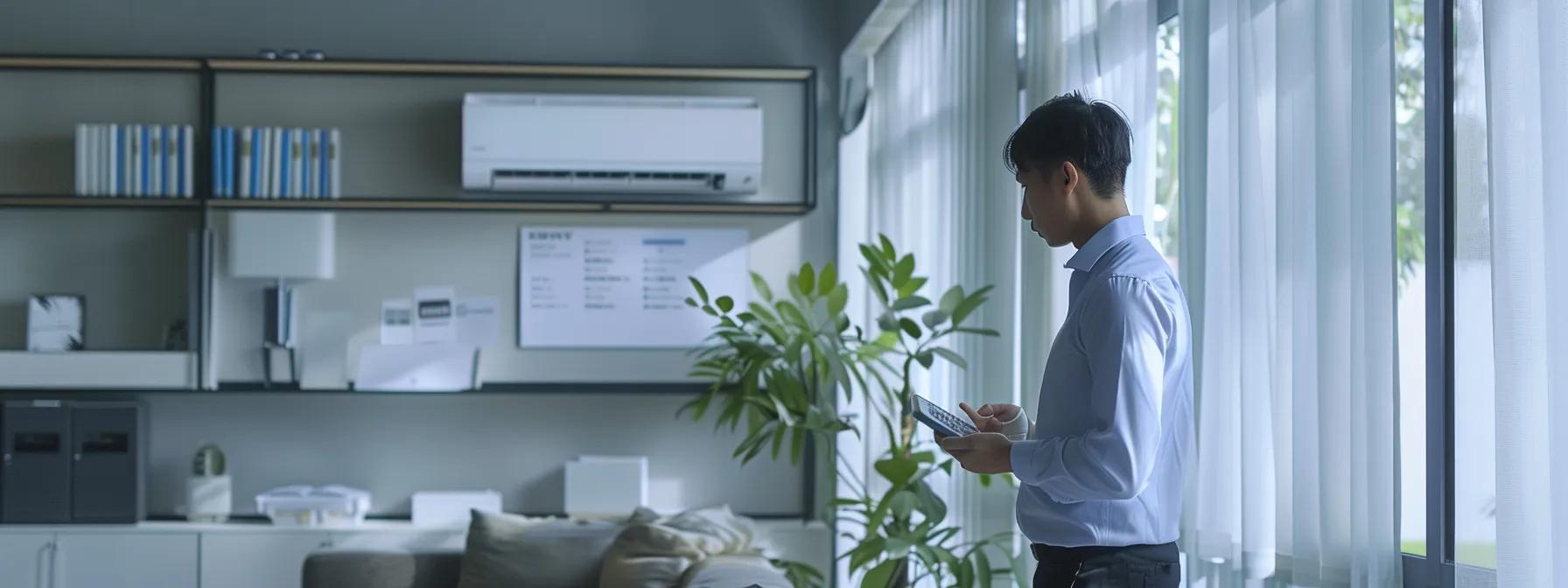a sleek, modern office environment featuring a technician inspecting a high-efficiency kenwood ac unit, with a digital scheduling interface displayed prominently on a nearby tablet, emphasizing the seamless booking process of coolair solutions.