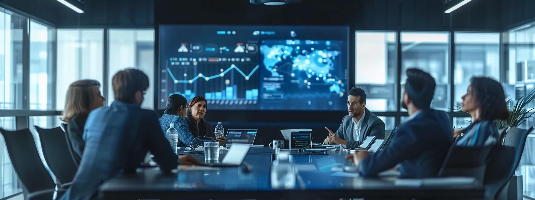 a sleek, modern office environment features a stylish conference table surrounded by high-end chairs, where a diverse group of professionals engage in an animated discussion, analyzing a digital display showing the effects of various cannabinoids like delta 9, delta 8, and cbd on alertness and energy levels.