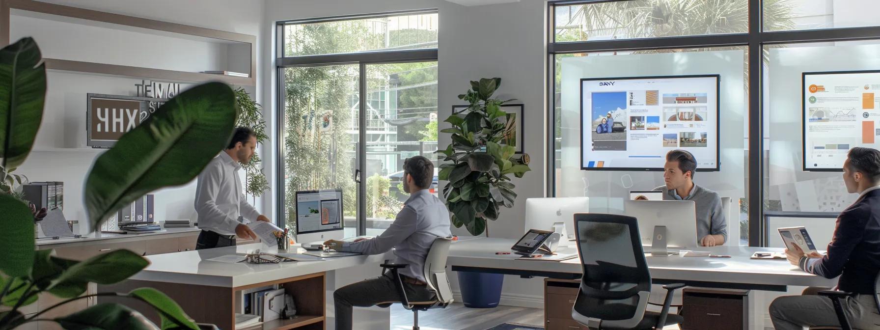 a sleek, modern office environment showcases a professional team conducting a detailed consultation about window replacement, with a well-organized presentation board displaying high-quality window samples and vibrant visual aids emphasizing wallaby windows' customer-centric approach.