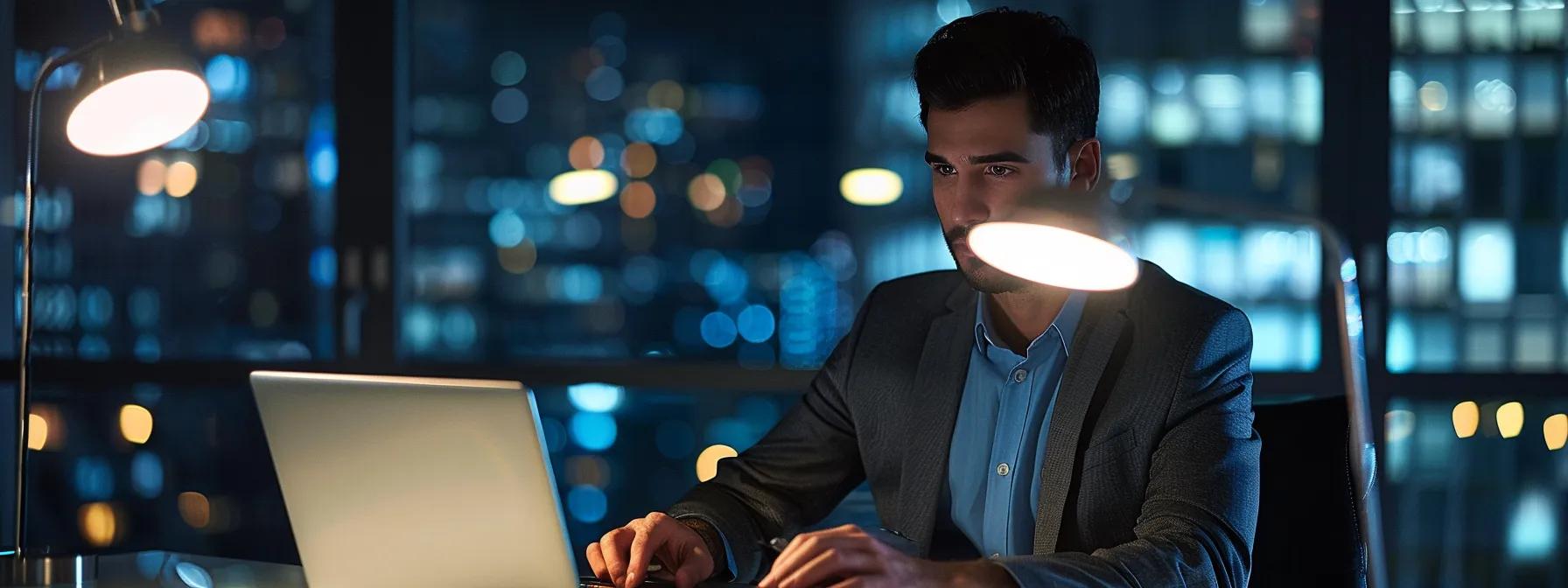 a sleek, modern office environment showcases a professional writer at a polished desk, intently crafting a visually engaging press release on a high-tech laptop, illuminated by bright overhead lights highlighting vibrant multimedia elements on the screen.