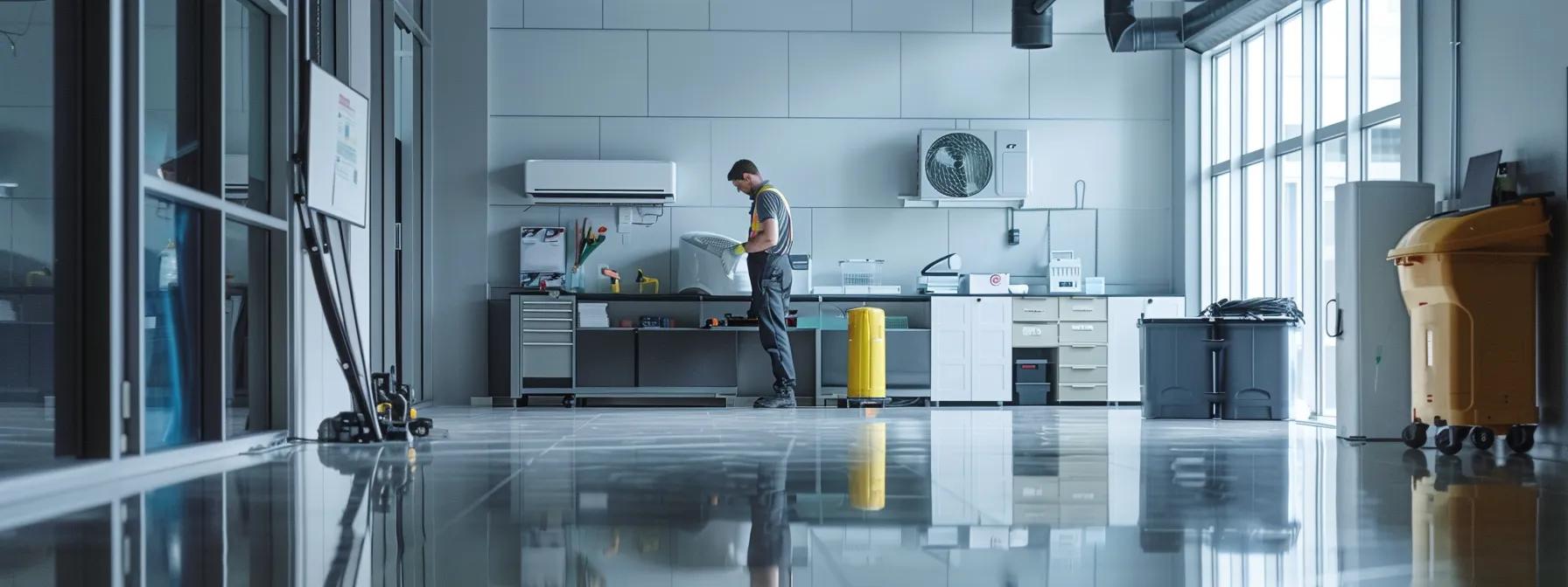 a sleek modern office environment showcases a technician expertly installing a high-efficiency air conditioning unit, surrounded by tools and installation materials on a polished floor, emphasizing the blend of advanced technology and professional service.