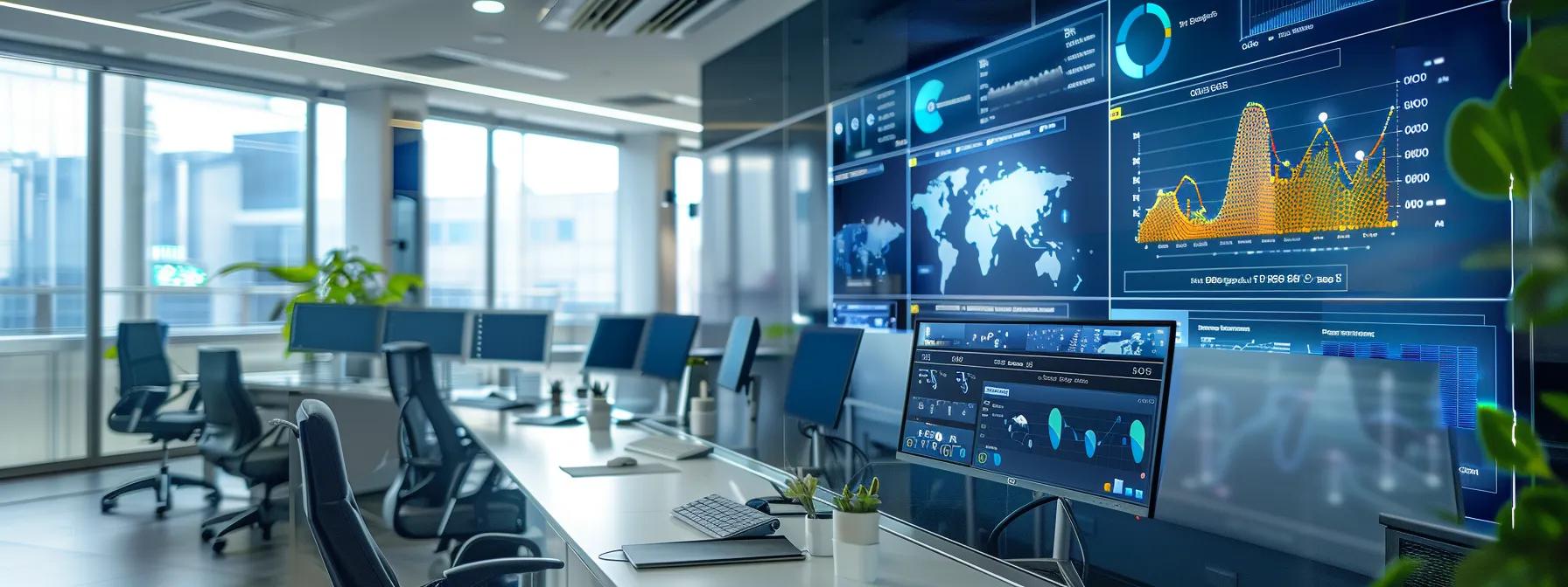 a sleek, modern office equipped with advanced solar energy monitoring screens displays dynamic, colorful data visualizations, illustrating real-time analytics and performance forecasts from future solar ai platforms.
