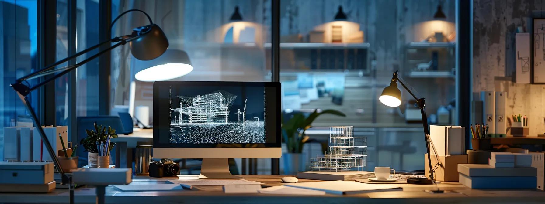 a sleek modern office filled with architectural blueprints and design software on a high-tech workstation, illuminated by sharp overhead lighting that emphasizes the intricate details of a miniature architectural model displayed prominently on the desk.