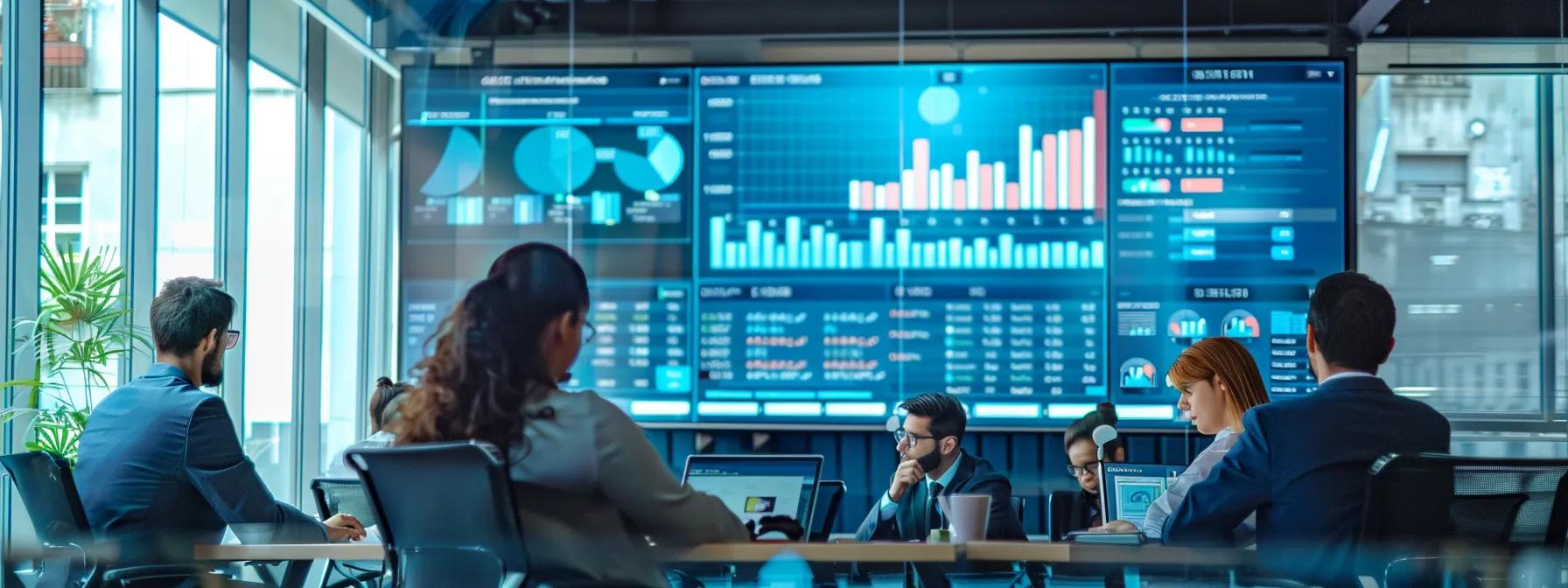 a sleek modern office filled with diverse professionals analyzing data on large screens displaying vibrant graphs and metrics, emphasizing the strategic evaluation of marketing and enrollment effectiveness.